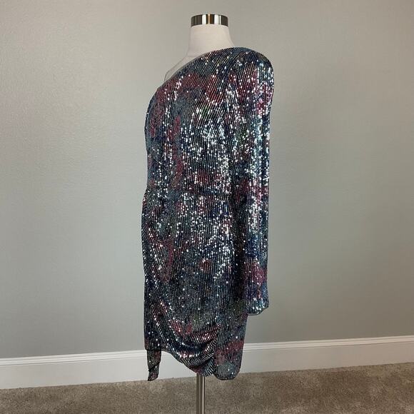 Aidan Mattox Sequined One Shoulder Mini Sheath Cocktail Dress Blue Multi Size 12 - Picture 5 of 13